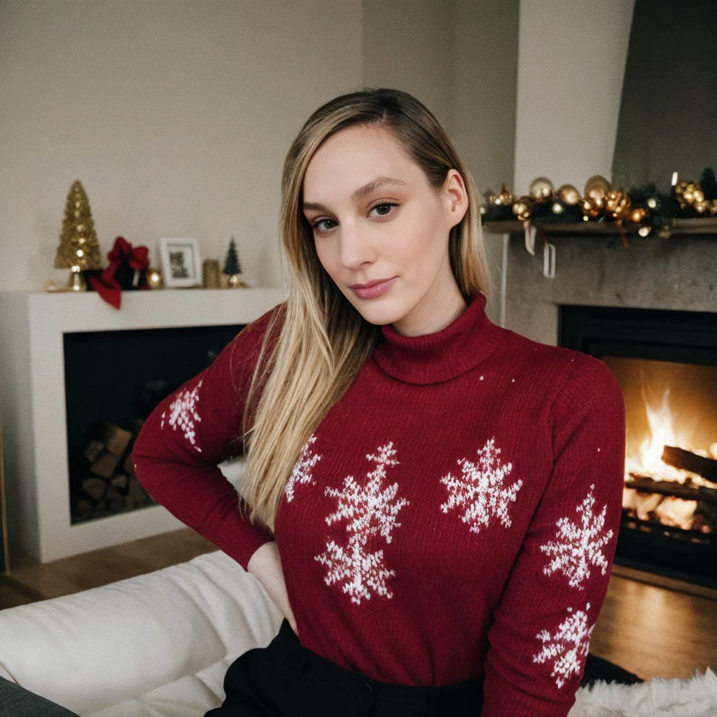 <lora:eefjah_sjokz_sd15_512_128_64_v1:1>sjokz,1girl blonde hair, wearing christmas sweater, christmas decoration in background, lit fireplace in background