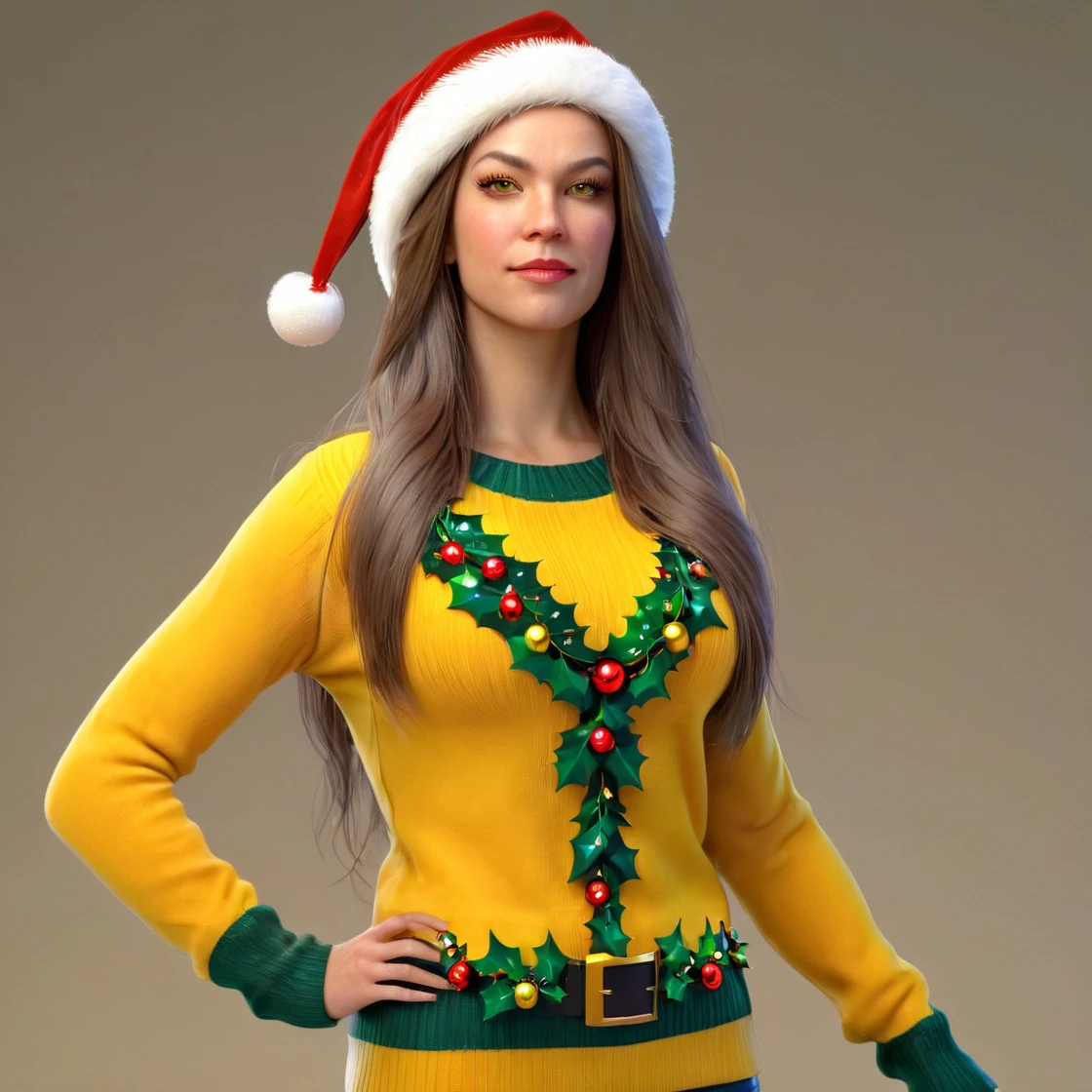 Female wearing a yellow, <lora:Ugly_Christmas_Sweater:1>     uglyxmas, long flowing hair front view, standing, full body shot, beautiful scenery, <lora:sdxl_photorealistic_slider_v1-0:0.8> <lora:PerfectEyesXL:0.8>        perfecteyes, Photo, colorful, vivid, beautiful, photorealistic, 16k resolution, intricate, highly detailed, gorgeous, 3D shading, by Greg Rutkowski