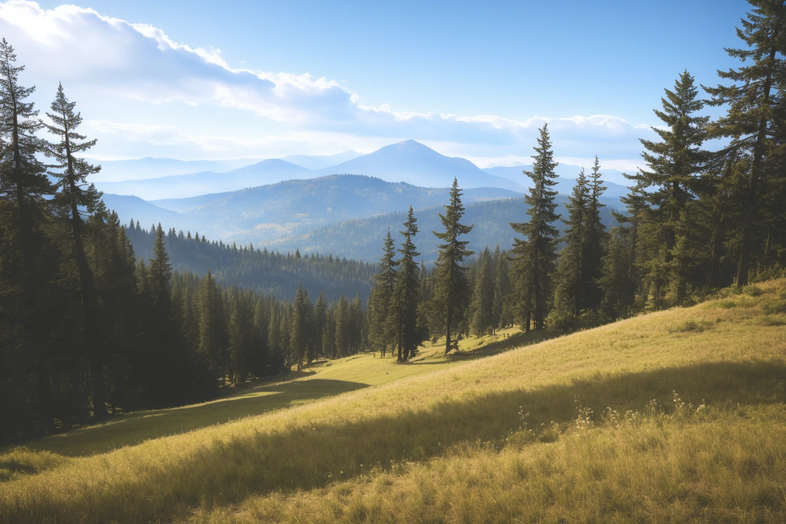 farcry5,mountains,cliffs,forest,trees,pine trees,stones,rocks,bushes,grass,scenery,nature,sky background,clouds in the sky,haze in the background,wide angle,hills,boulders,midday,landscape,path,trail,Extreme long shot,Medium wide shot,realistic shaded lighting,photorealism,sunny day,<lora:tyuty5756:0.7>, by oprisco,