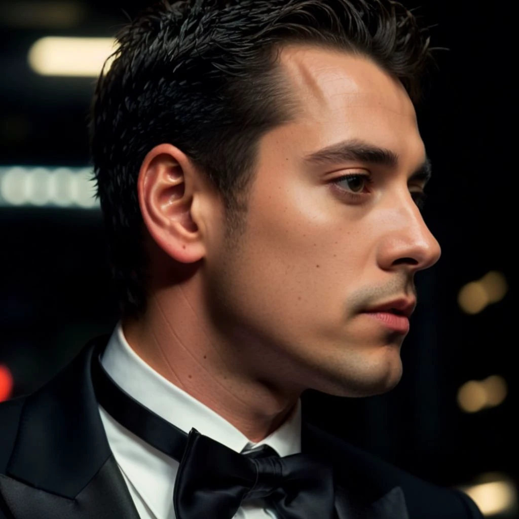 face portrait of sportybill person using a tuxedo, in blade runner, professional photography, high resolution, 4k, detailed photo,   <lora:sportybill_54900:1>