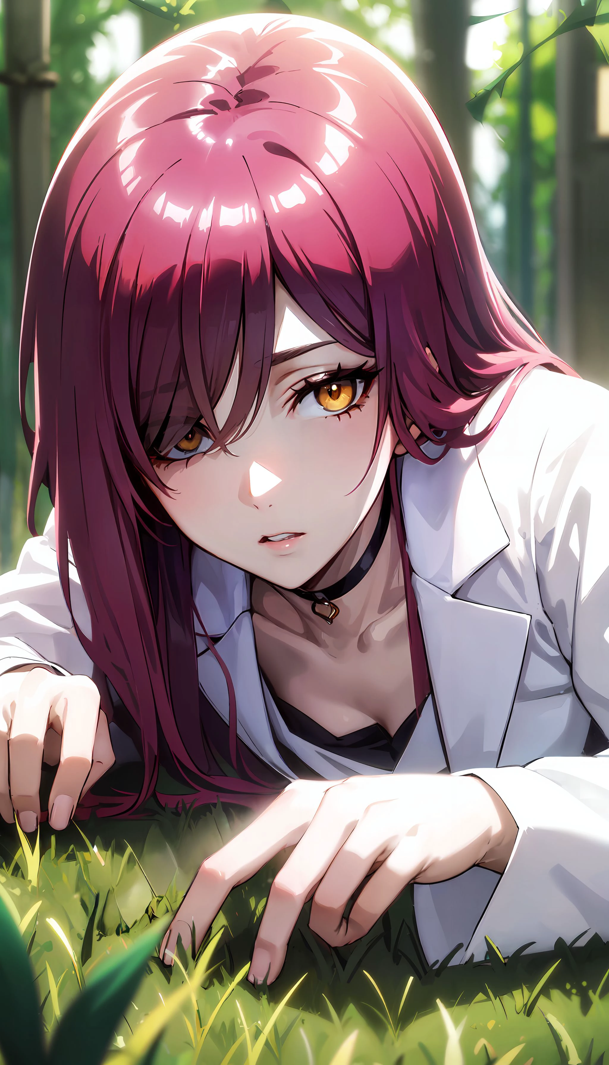 photorealistic, (4k), depth of field, (Masterpiece), (realistic skin texture), extremely detailed, intricate, hyper detailed, high resolution, sharp detail, best quality, woman, <lora:Laine:0.7> lab coat, long hair, pink hair, black choker, yellow eyes, one eye covered by hair, lying on side , outdoors, forest, grass, picking plants, bending over,