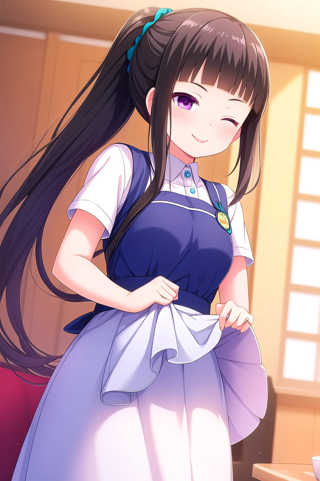 (masterpiece, best quality), highly detailed background, perfect lightingbest quality, shiranuiisuzu, solo, indoors, waitress, black hair, blunt bangs, hair scrunchie, ponytail, very long hair, one eye closed, purple eyes, blue dress, white shirt, short sleeves, <lora:GoodHands-vanilla:1>, blue apron, blue skirt, smile, closed mouth, ;), pink lips, <lora:Shiranui-Isuzu:0.7>