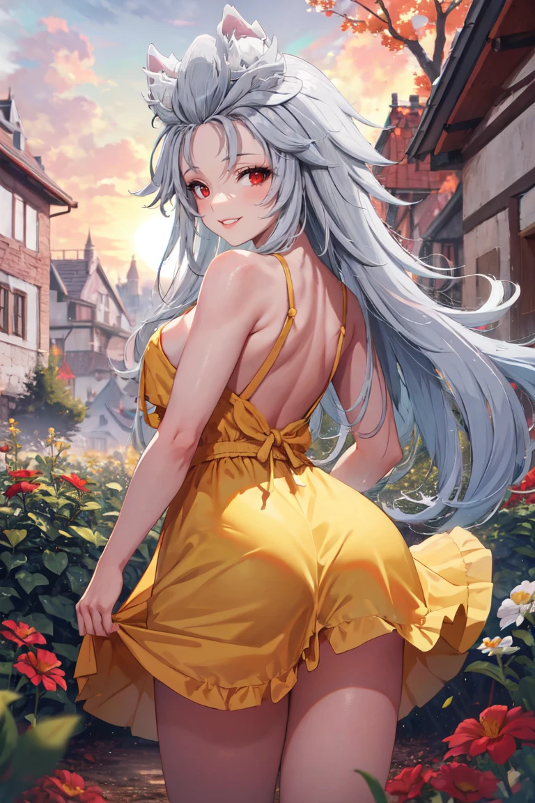 masterpiece, best quality, absurdres, ZentreyaWerewolf, red eyes, wolf ears, long hair, from behind, (yellow sundress), garden, day, sunshine, smile, looking back, <lora:CHAR-ZentreyaWerewolf:1>
