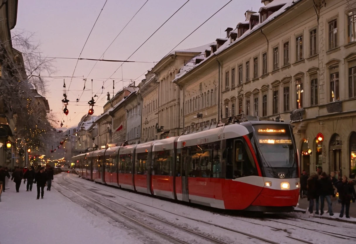 Bern downtown in winter, snowy, christmas, dusk, people, modern tram, analo style, restaurants, wide shot, shops, natural lighting,