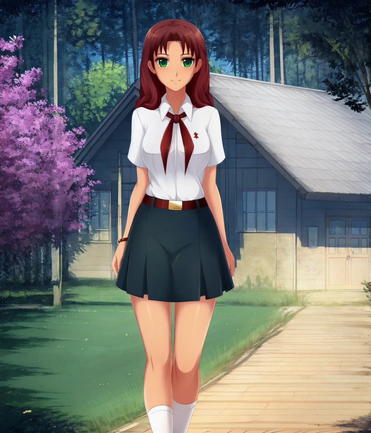 solo,1girl,olga,Green eys,human,pioneer form,pioneer tie,t-shirt,skirt,socks,shoes,<lora:Everlasting summer:0.68>,
nature,art by merunyaa,