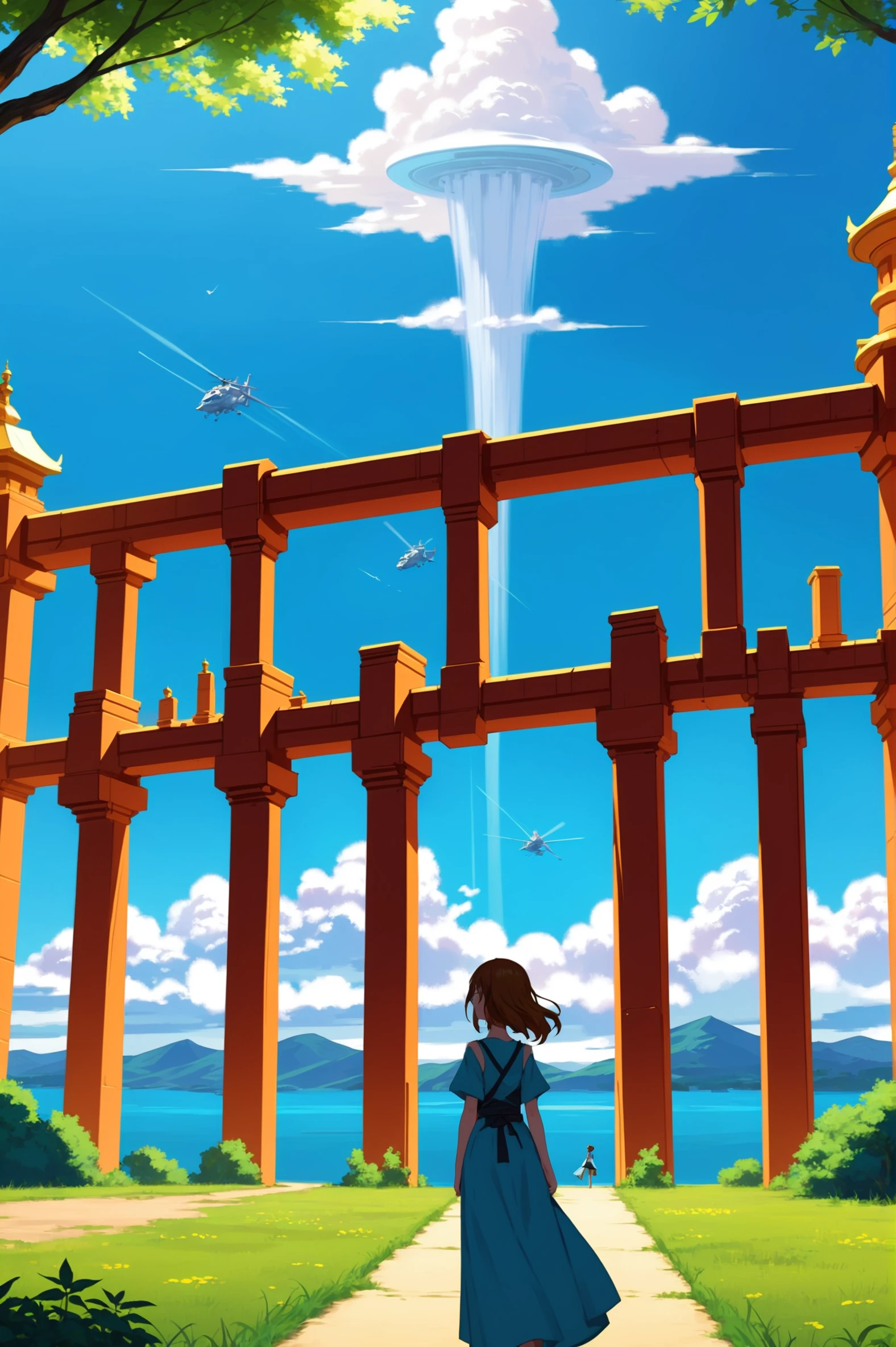 2010s anime style digital painting<lora:EnvySendNoodzXL01:-1>, 1girl, woman, beautiful, noon, blue sky, clouds, scenery, "at the Rimlit endless hypergate"<lora:EnvyBetterHiresFixXL01:1>