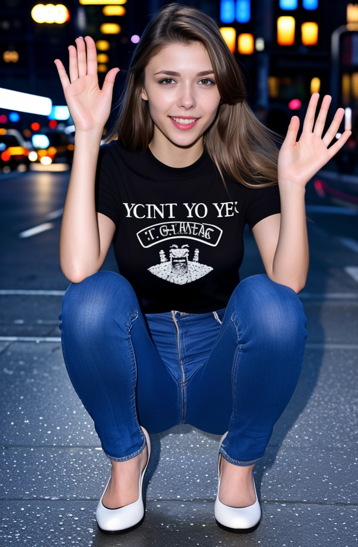 from front,night photo of a ukrainian woman named milaazul (waving:1.2) to the audience and wearing t-shirt and and (wearing long jeans),wearing cloth shoes,waving,(squatting on the floor and spread legs and m-legs) <lyco:mila azul_V1:0.8>, looking at viewer,photorealistic, happy smile,teeth,long hair, best quality and best aesthetic and (photorealistic:1.4) and (Realistic:1.4) and Detailed Skin Textures and detailed skin pores and high skin detail,<lora:LCM_LoRA_Weights_SD15å éå¨:0.7>,((outdoor New York streets at night background)), <lora:detail_slider_v4:0.7>,<lora:å¢å ç實æepiCRealLife:0.7>, detailed hands and Detailed 5 fingers and Detailed 5 finger nails