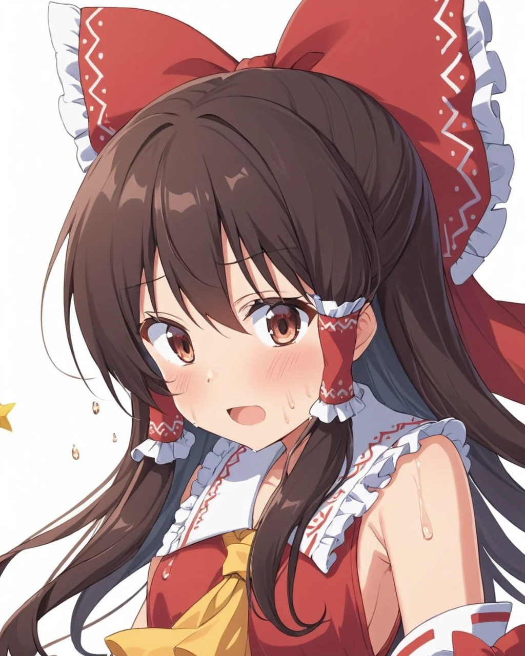 hakurei reimu,1girl, solo, hair_bow, hair_tubes, red_bow, open_mouth, sweat, sweatdrop, white_background, simple_background, looking_up
<lora:hakurei_reimu_image6409_2023-12-06-000004:1>,star-shaped_pupils,symbol-shaped_pupils,. gorgeous,key visual, vibrant, studio anime,award-winning, professional, highly detailed,high budget, cinemascope