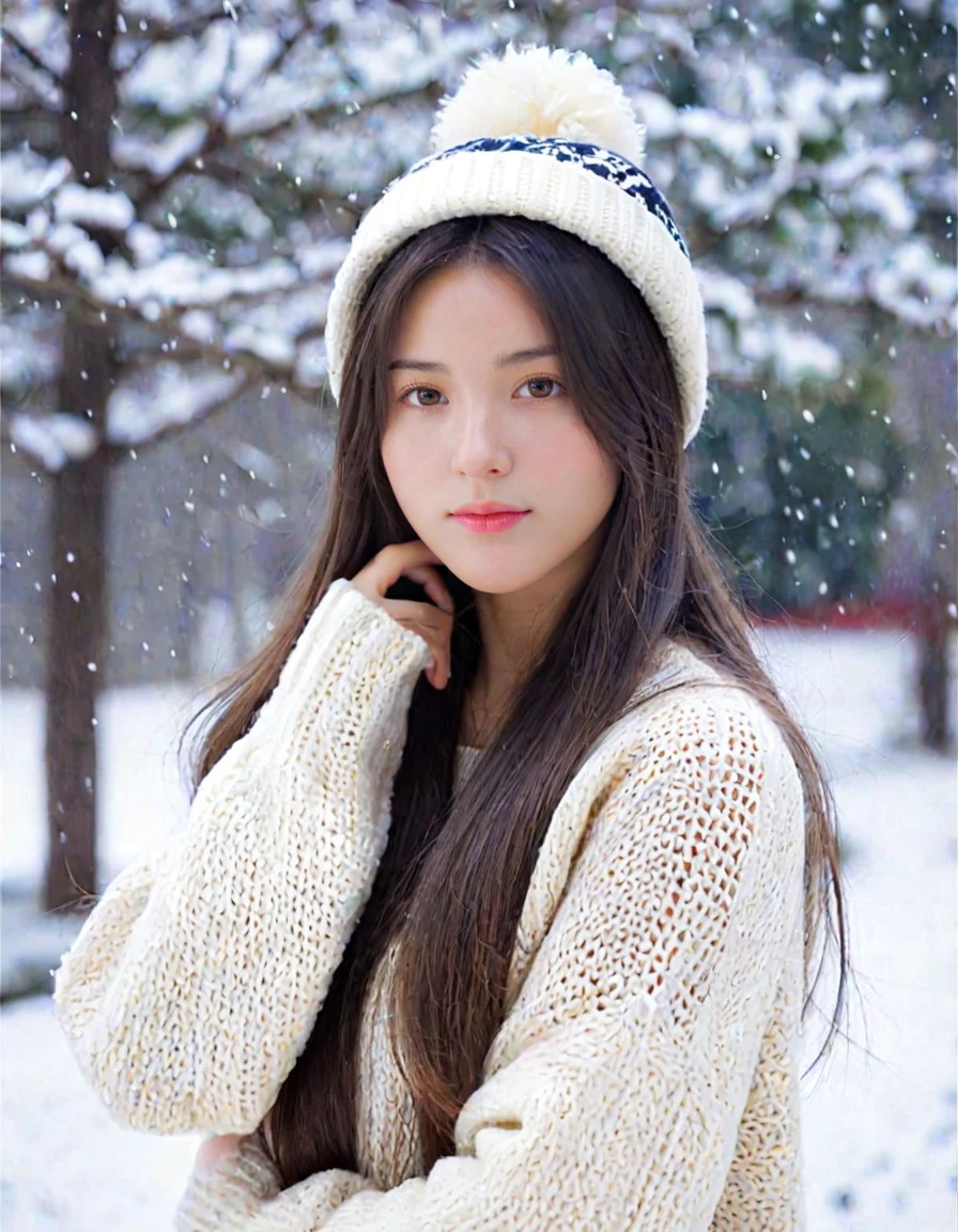 adult girl, shy:1, cute, long hair, hat, sweater, snowing background