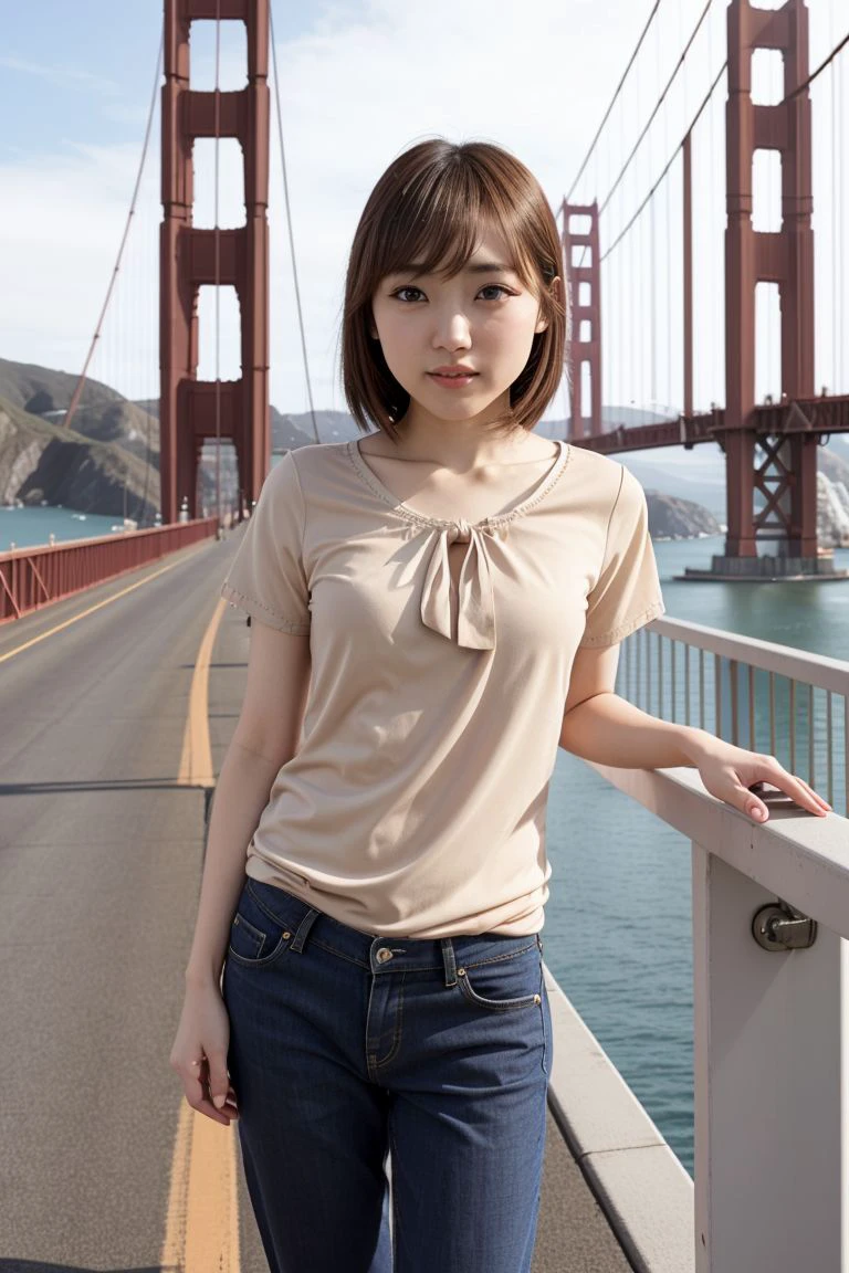 <lora:anjou_kozuki_obj20:0.5>, full_body, standing, sandals, (shirt), pants, (golden gate bridge), (anjou_kozuki: 1.2), perfect face, (contact iris: 1.1), pale skin, skin pores , depth of field