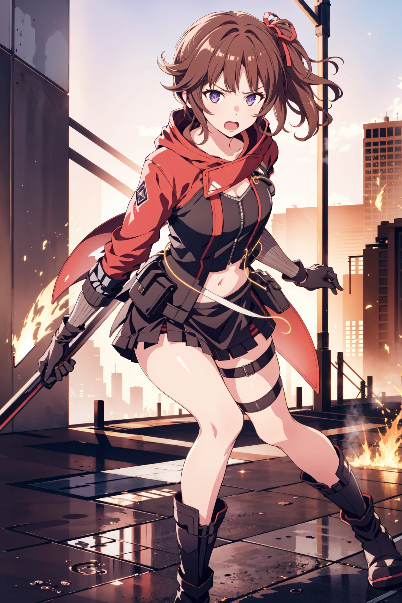 Masterpiece, best quality, perfect lighting, 1girl, solo, Hanabi, OSF Cadet Uniform, light brown hair, red hairtie, side ponytail, black gloves, mini skirt, satchel, purple eyes, black boots, fighting stance, flames, angry, <lora:Hanabi-v2:0.8>