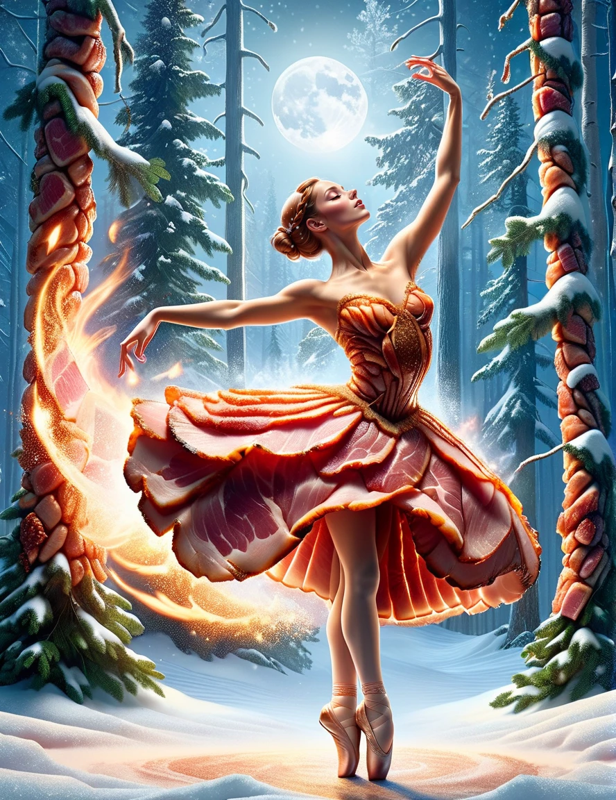 detailed Dynamic shot of a beautiful ballerina, dancing by the fire, snow, forest background, mystic clearing, moonlight