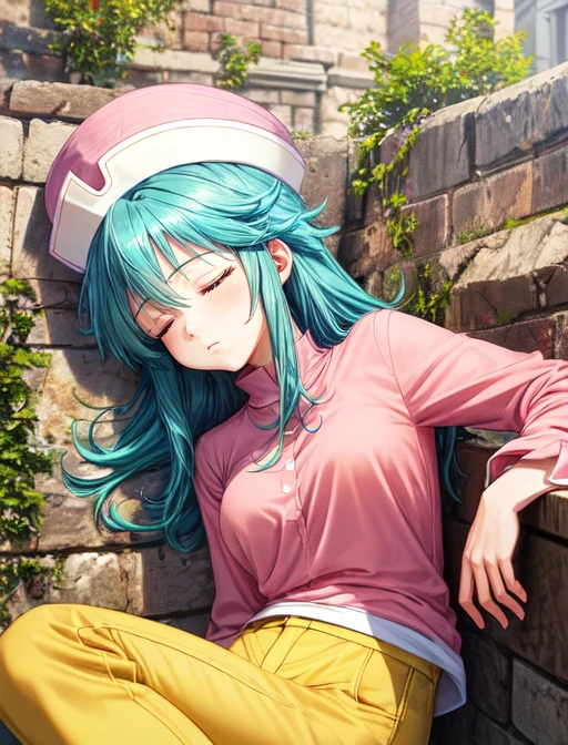 best quality, masterpiece, highres, detailed, digital artwork, <lora:Detail - add_detail:0.2>, HxHPonzu, aqua hair, closed eyes, pink shirt, yellow hat, round hat, yellow pants, sleeping, leaning on wall, <lora:Character - HxHPonzu:0.7>, crazy, roman city,