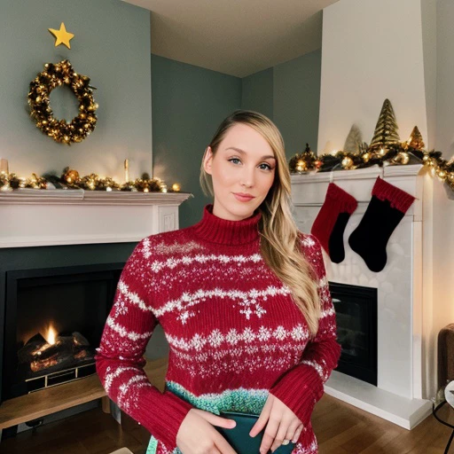 <lora:eefjah_sjokz_sd15_512_128_64_v1:1>sjokz,1girl blonde hair, wearing christmas sweater, christmas decoration in background, lit fireplace in background