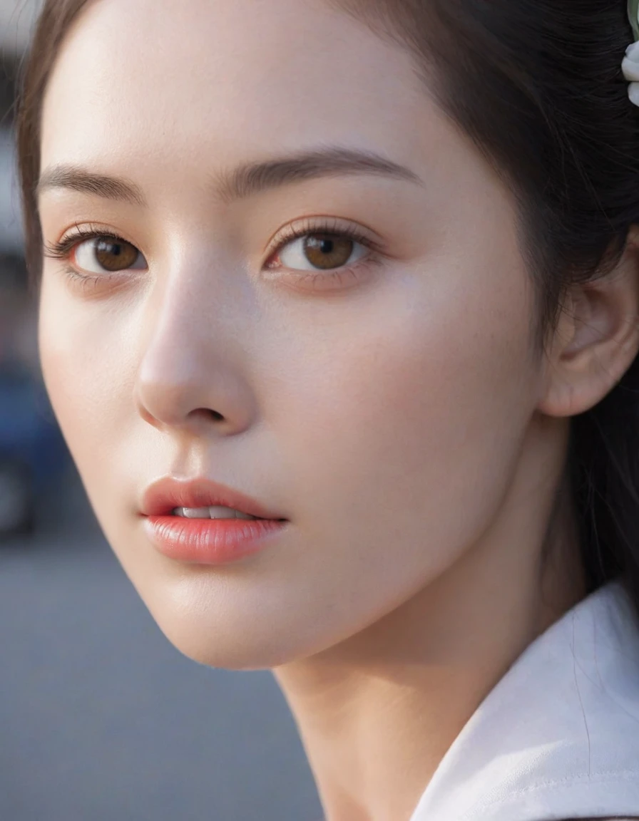 adult girl, (extreme detailed face, detailed skin), [[close shot]], upper body, outdoor, street