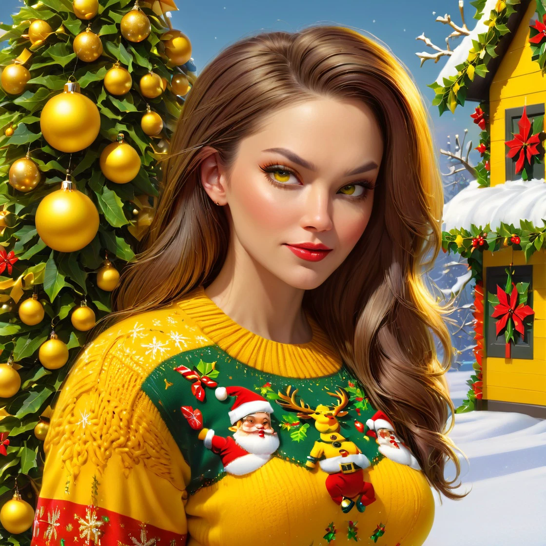 woman wearing a yellow, <lora:Ugly_Christmas_Sweater:1> uglyxmas, beautiful christmas scenery, snow outside, <lora:PerfectEyesXL:0.8>       perfecteyes, Photo, colorful, vivid, beautiful, photorealistic, 16k resolution, intricate, highly detailed, gorgeous, 3D shading, by Greg Rutkowski,