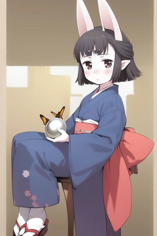 <lora:Hasaha:1> Hasaha, 1girl, solo, japanese clothes, kimono, animal ears, bug, butterfly, black hair, pointy ears, sash, brown eyes, short hair, obi, tabi, sandals, blue kimono, tail, looking at viewer, orb, blush