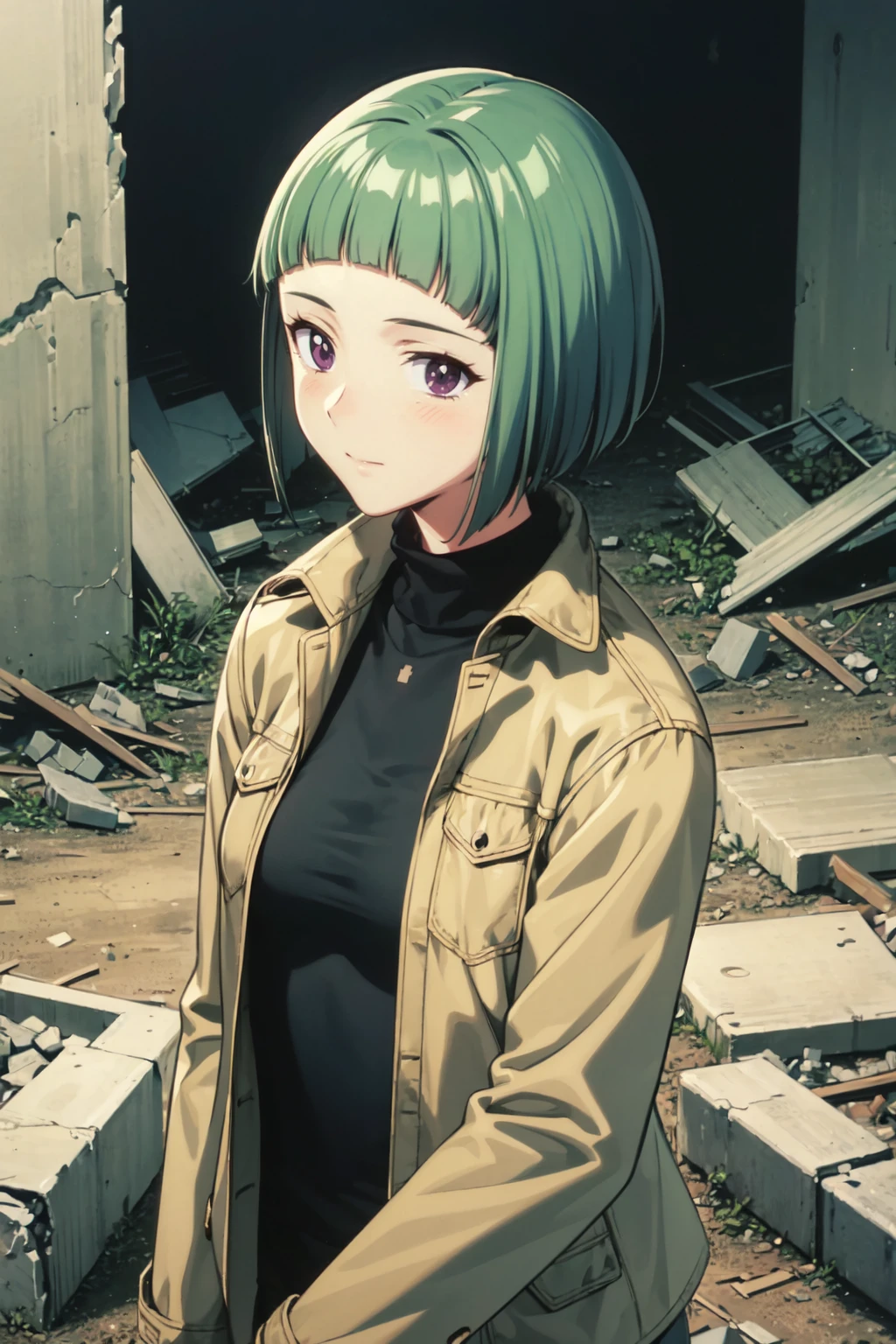 miharuga, solo, 1girl, turtleneck, long sleeves, upper body, looking at viewer, closed mouth, jacket, black shirt, ruins, rubble <lora:miharuga_V2-10:0.7>