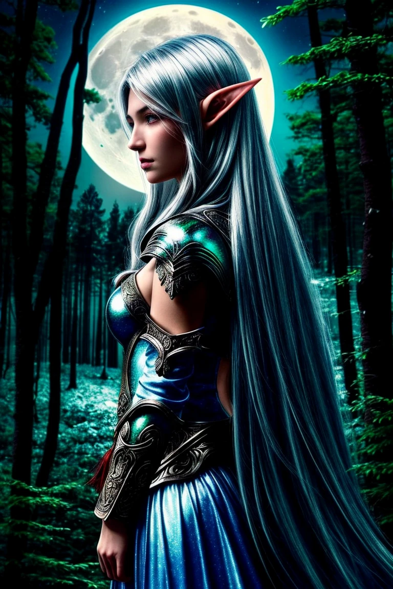 1 girl, beautiful elven maiden:1, silver elven armor:0.8, shoulder portrait, Night, Forest:0.8, Full moon, mana flow, shimmers, psychic energy <lora:add_detail:0.8>