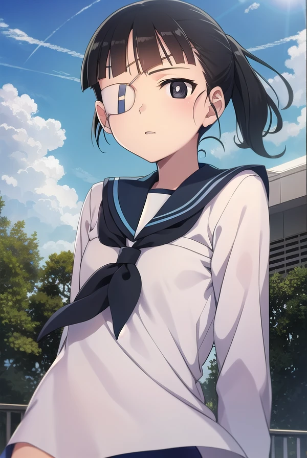 miosakamoto, <lora:mio sakamoto manga-lora-nochekaiser:1>,
mio sakamoto, sakamoto mio, black hair, ponytail, (black eyes:1.5), (eyepatch:1.5), bangs, blunt bangs,
BREAK school uniform, swimsuit, school swimsuit, swimsuit under clothes, serafuku, blue sailor collar, long sleeves,
BREAK outdoors, nature, forest, trees, grass, sun, sky, clouds,
BREAK looking at viewer,
BREAK <lyco:GoodHands-beta2:1>, (masterpiece:1.2), best quality, high resolution, unity 8k wallpaper, (illustration:0.8), (beautiful detailed eyes:1.6), extremely detailed face, perfect lighting, extremely detailed CG, (perfect hands, perfect anatomy),
