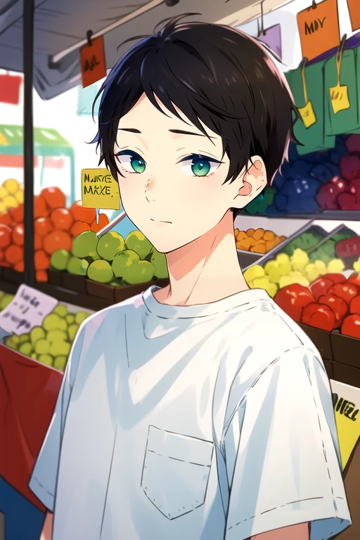 (best quality:1.1), (masterpiece:1.4), sketch, 1boy, solo, male focus, , upper body, depth of field, , , <lora:hayato_yuzuki:0.82>, hayato_yuzuki, black hair, green eyes, short hair, , , market stall,