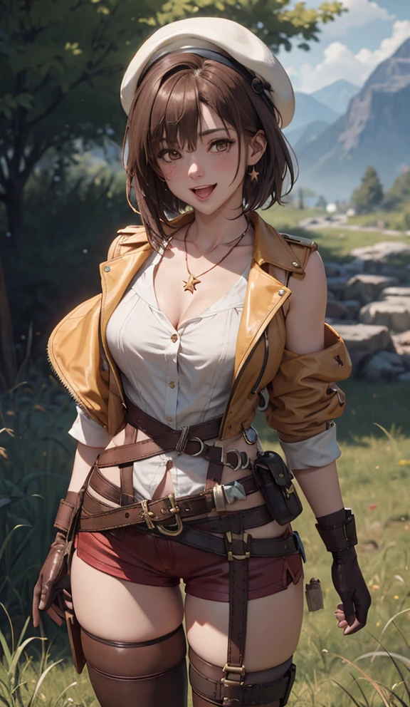 <lyco:Reisalin:0.6>, Reisalin, 1girl, solo, breasts, looking at viewer, blush, smile, short hair, open mouth, bangs, brown hair, shirt, hair ornament, thighhighs, cleavage, brown eyes, jewelry, medium breasts, standing, collarbone,  white shirt, thighs, boots, shorts, hairclip, belt, hand up, necklace, star \(symbol\), white thighhighs, short shorts, skindentation, beret, white headwear, thigh boots, brown gloves, single glove, brown belt, red shorts, leather, sleeveless yellow jacket, star necklace, thigh pouch, leather belt, leather gloves, round-bottom flask, bridal legwear, reisalin stout, extremely detailed CG unity 8k wallpaper, epic light, absurdres, perfect skin, small waist, toned, ultra high res, 4k, UHD, unreal engine, octane, highres, vray, shiny skin, (bokeh:1.3), (upper body:1.2), beautiful face, perfect female, grass, park, mountains, forest, dim light