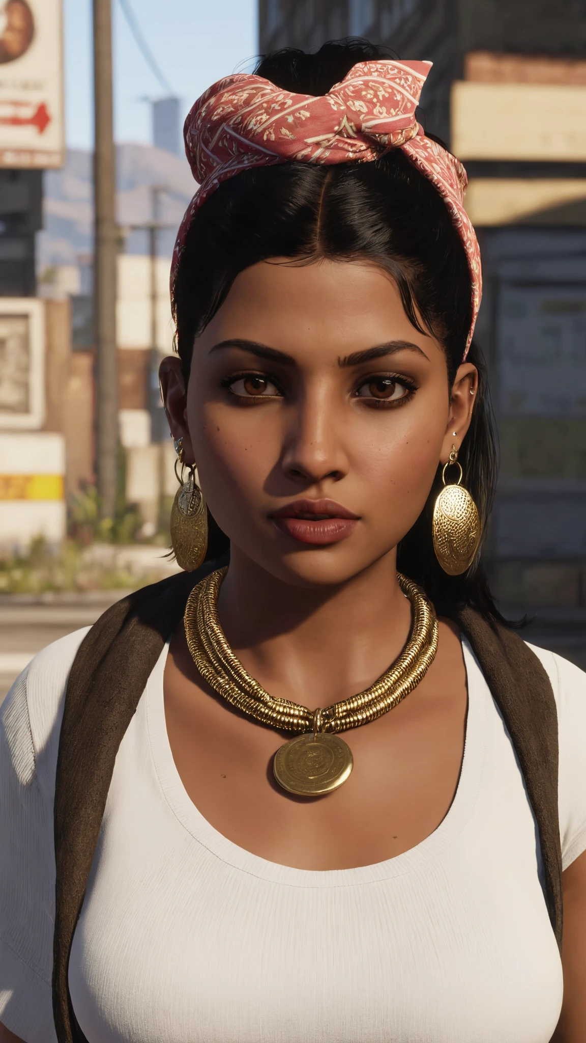 1girl, solo, black hair, brown eyes, jewelry, upper body, earrings, dark skin, necklace, scarf, mole, dark-skinned female, lips, mole under mouth, hoop earrings, realistic, bandana, money , unreal engine 5 , GTA screenshot<lora:GTA_VI_Style:1><lora:GTA_VI_Style:1><lora:GTA_VI_Style:1><lora:GTA_VI_Style:1>