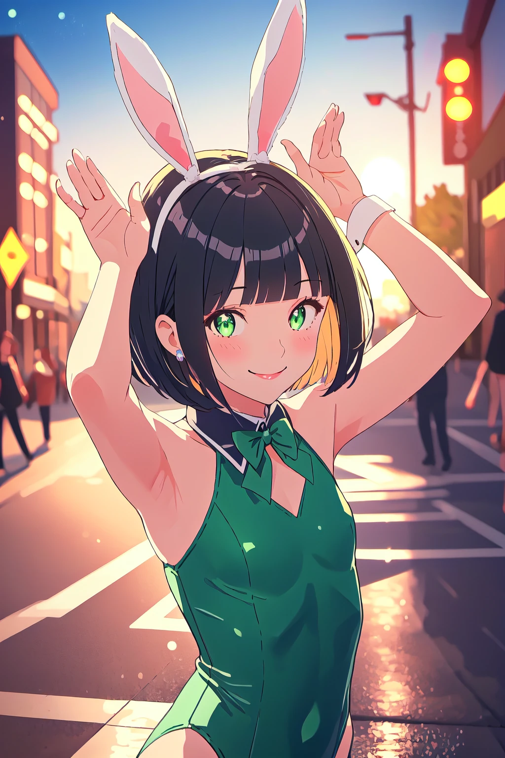 <lyco:BunnyPosev2-step00002500:1>, bunny pose, bpv1, fake animal ears, green bunny ears, 1girl, green leotard, city, black hair, smile, volumetric lighting, upper body, sparkling eyes, short hair, bob cut, blunt bangs