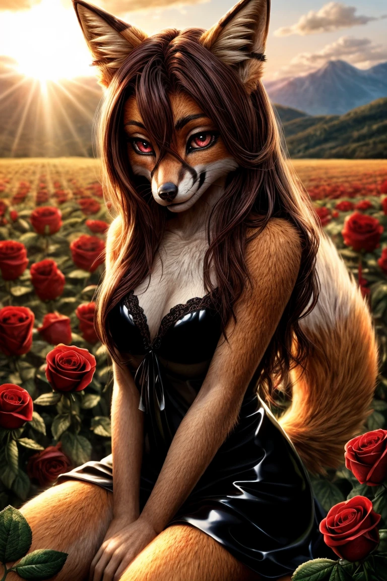 Fox, Cowboy Shot, ((glossy eyes)), (aesthetic, intricate:1.0), <lora:more_details:0.3>
1girl, red long hair, crimson eyes, detailed, crimson light, field of red roses, black dress, light particles, sitting on roses, outdoors, sunlight