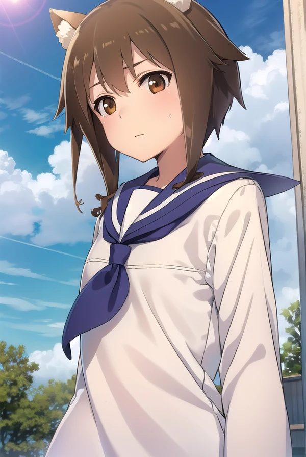 junkotakei, <lora:junko takei manga-lora-nochekaiser:1>,
junko takei, short hair, brown hair, animal ears, (brown eyes:1.7), dog ears, sidelocks,
BREAK school uniform, swimsuit, school swimsuit, swimsuit under clothes, serafuku, blue sailor collar, long sleeves,
BREAK outdoors, nature, forest, trees, grass, sun, sky, clouds,
BREAK looking at viewer,
BREAK <lyco:GoodHands-beta2:1>, (masterpiece:1.2), best quality, high resolution, unity 8k wallpaper, (illustration:0.8), (beautiful detailed eyes:1.6), extremely detailed face, perfect lighting, extremely detailed CG, (perfect hands, perfect anatomy),