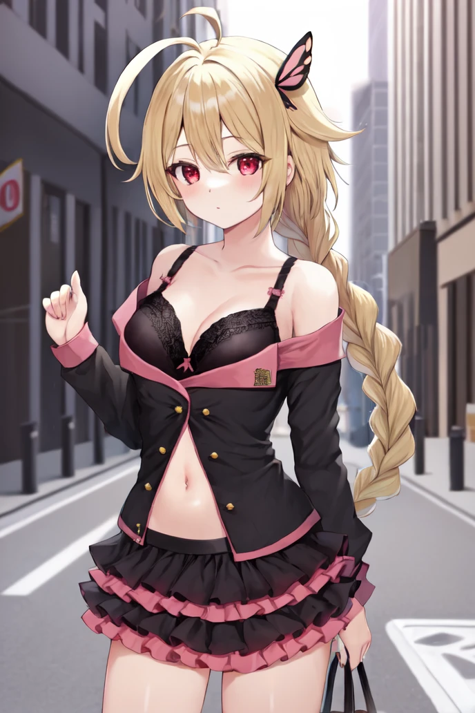 masterpiece, best quality, 1girl, lambda-11, <lora:LambdaV2-14:1>, blonde hair, ahoge, red eyes, (single braid), braid, medium breasts, <lora:sweetdevil:1>, long sleeves, off shoulder, bra, navel, butterfly hair ornament, layered skirt, standing, city, street,