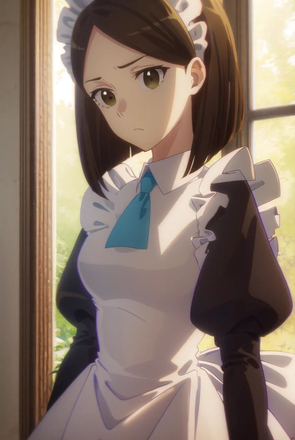 anneshelley, <lora:anne shelley s2-lora-nochekaiser:1>,
anne shelley, short hair, brown hair, (brown eyes:1.5),
BREAK long sleeves, puffy sleeves, apron, maid, maid headdress, juliet sleeves, maid apron,
BREAK indoors,
BREAK looking at viewer, (cowboy shot:1.5),
BREAK <lyco:GoodHands-beta2:1>, (masterpiece:1.2), best quality, high resolution, unity 8k wallpaper, (illustration:0.8), (beautiful detailed eyes:1.6), extremely detailed face, perfect lighting, extremely detailed CG, (perfect hands, perfect anatomy),