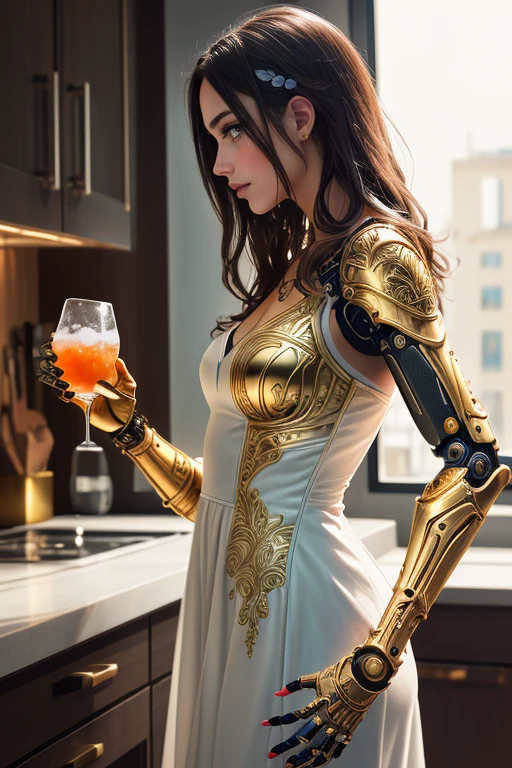 masterpiece, best quality, (black cyber arm) with (golden filigree elements), woman, white dress, in kitchen, glass in hand + drink tea, portrait view + looking at viewer + from side + close-up view, dark lighting, <lora:cyber arm:0.7>