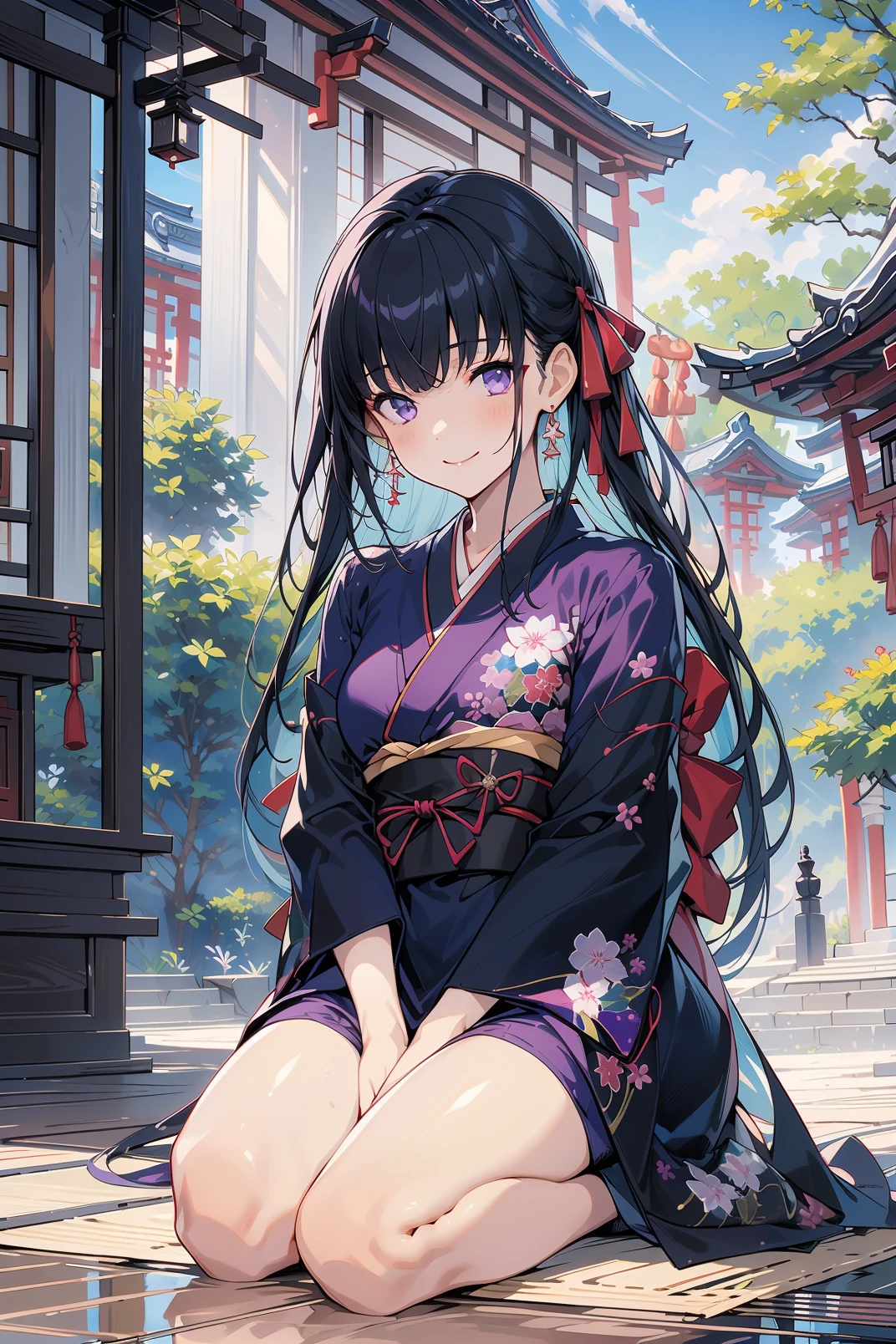 1girl, solo, masterpiece, best quality, selena, black hair, multicolored hair, bangs, long hair, purple eyes, ribbon, japanese clothes, black kimono, sitting, seiza, arms between legs, looking at viewer, shiny hair, shiny skin, light smile, small breast, japanese temple, outdoors,