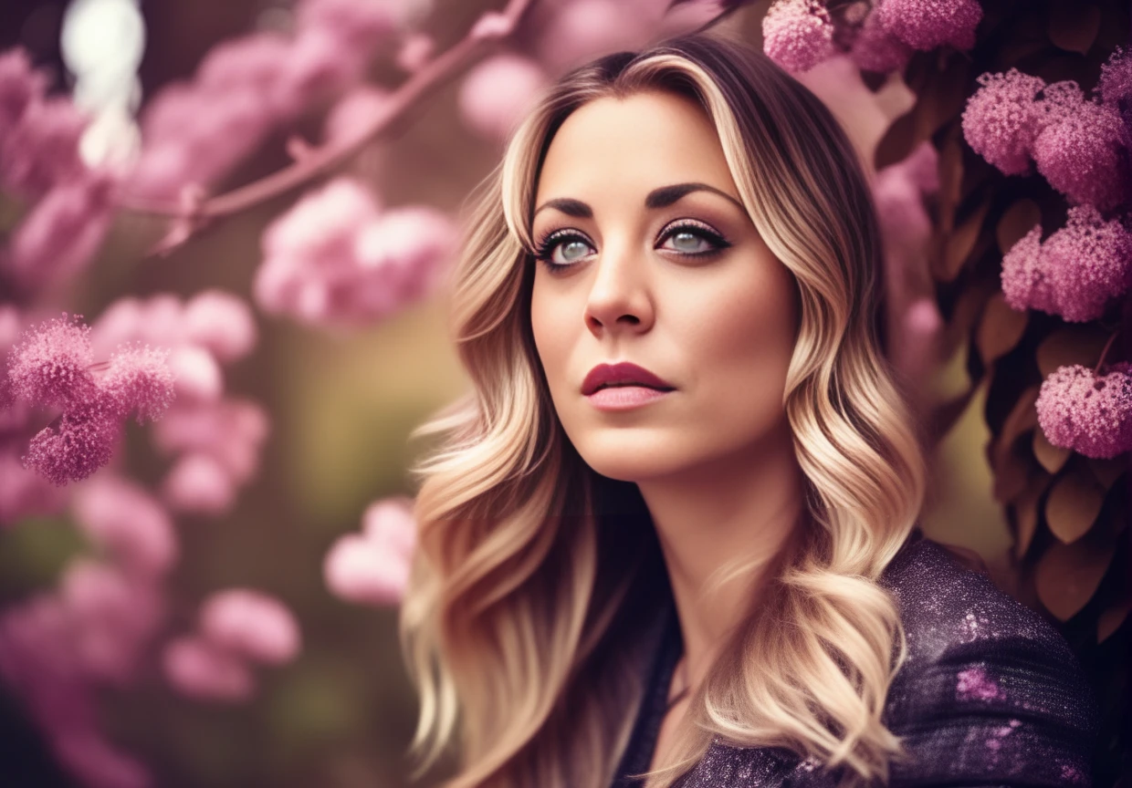 cinematic film still KaleyCuoco,(art by Tristan Eaton:1.1) , photograph, Fatigued Ruined humanoid, ð, Cryptographer, Impressionist Chestnut hair, vegetation and blossoms, Proud, film grain, dslr, F/1.8, Vivid neon hue, <lora:KaleyCuocoSDXL:1> . shallow depth of field, vignette, highly detailed, high budget, bokeh, cinemascope, moody, epic, gorgeous, film grain, grainy
