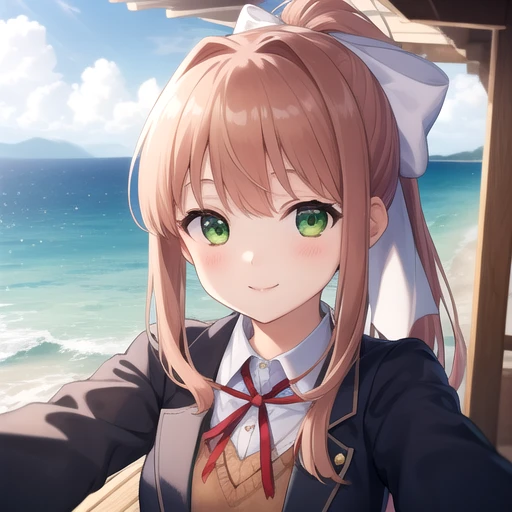 ((masterpiece)),(best quality),official art,extremely detailed CG,unity 8k wallpaper,ultra detailed,A lighthouse on a cliff by the sea,1girl,solo,upper body,monika (doki doki literature club),selfie,v,green eyes,brown hair,school uniform,smile,very long hair,ponytail,reaching towards viewer,looking at viewer,ribbon,brown jacket,medium breasts,hair bow,long sleeves,<lora:Monika(ddlc)>,