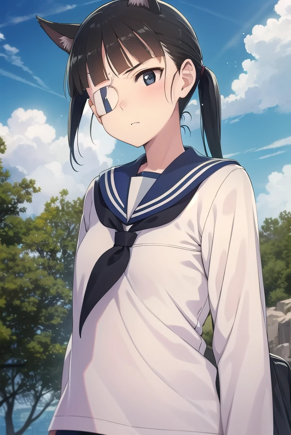 miosakamoto, <lora:mio sakamoto manga-lora-nochekaiser:1>,
mio sakamoto, sakamoto mio, black hair, animal ears, ponytail, (black eyes:1.5), (eyepatch:1.5), dog ears, bangs, blunt bangs,
BREAK school uniform, swimsuit, school swimsuit, swimsuit under clothes, serafuku, blue sailor collar, long sleeves,
BREAK outdoors, nature, forest, trees, grass, sun, sky, clouds,
BREAK looking at viewer,
BREAK <lyco:GoodHands-beta2:1>, (masterpiece:1.2), best quality, high resolution, unity 8k wallpaper, (illustration:0.8), (beautiful detailed eyes:1.6), extremely detailed face, perfect lighting, extremely detailed CG, (perfect hands, perfect anatomy),