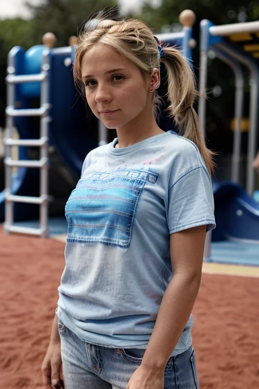 jeans, powder blue tshirt in a playground, <lora:Sarah_Jane_Honeywell:1> masterpiece,best quality, detailed face, 1girl, solo, sj1873h, blonde_hair, pony tail
