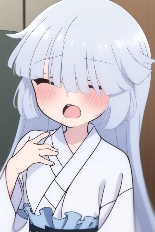 <lora:Yukimusume:1>Yukimusume, 1girl, solo, blush, hair over eyes, long hair, open mouth, japanese clothes, white hair, kimono, white kimono, bangs, hand on own chest, fujiwara no mokou, upper body