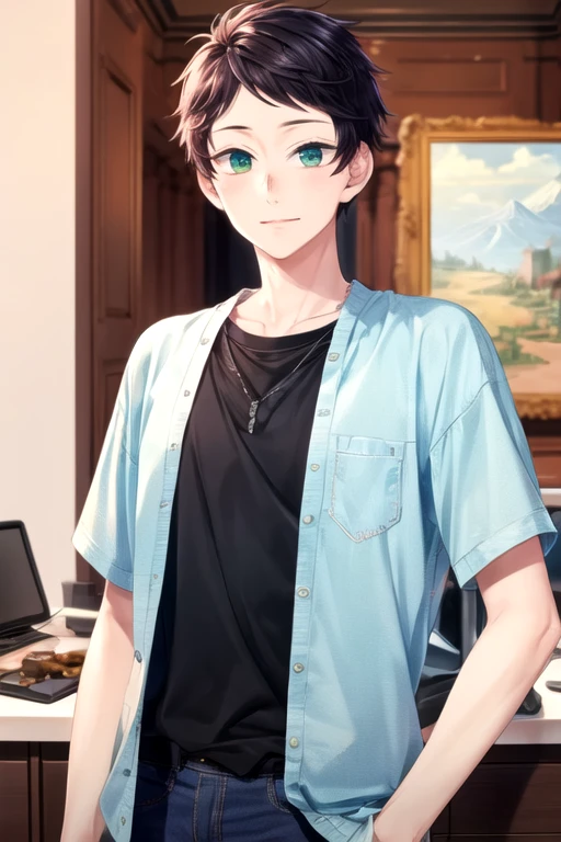 (best quality:1.1), (masterpiece:1.4), movie still, 1boy, solo, male focus, looking at viewer, upper body, , , , <lora:hayato_yuzuki:0.84>, hayato_yuzuki, black hair, green eyes, short hair, disco costume, ,