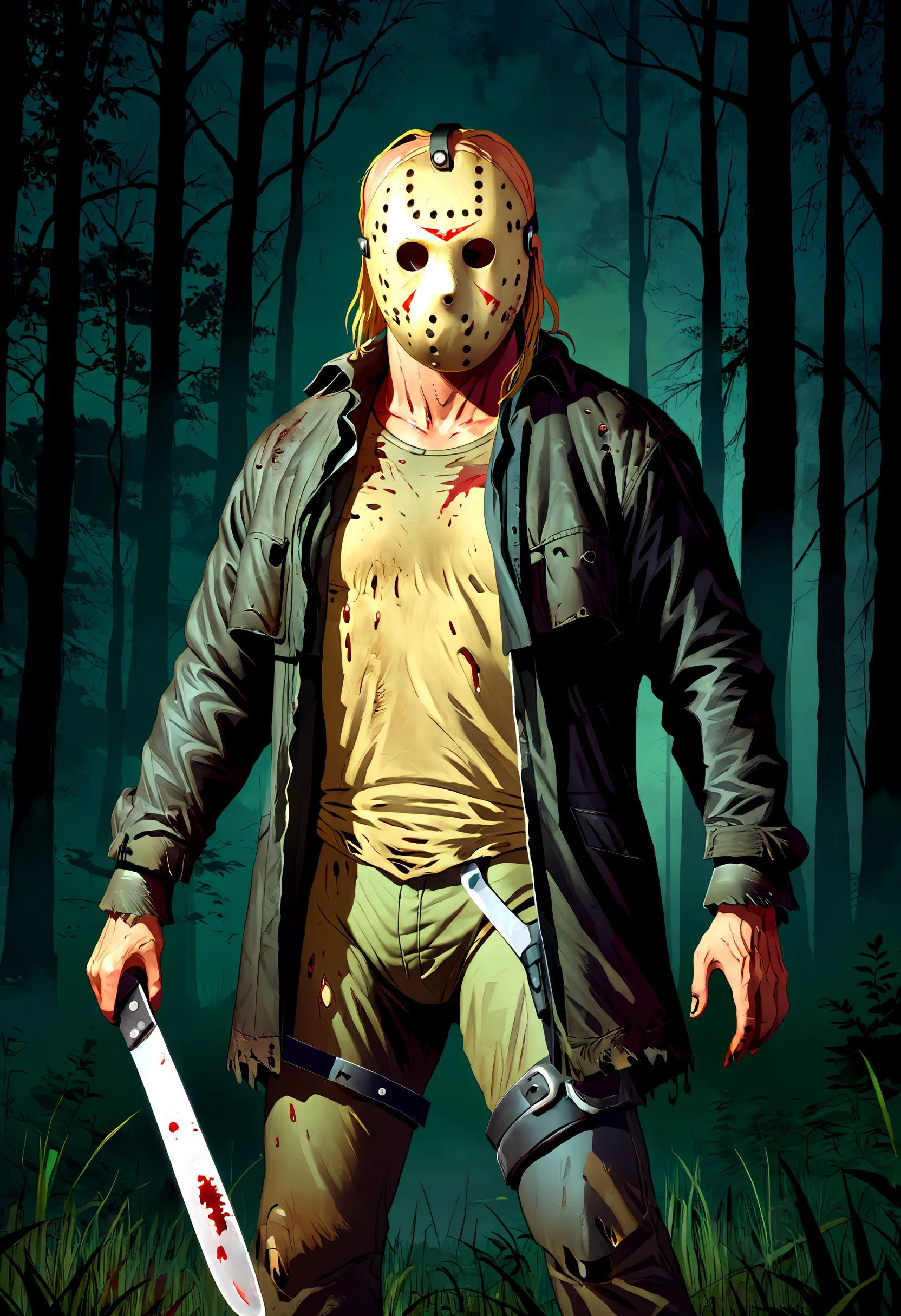 jason09, solo, standing, bloody machete, graphic novels illustration style, night, darkness, forest, <lora:jason09:0.8>