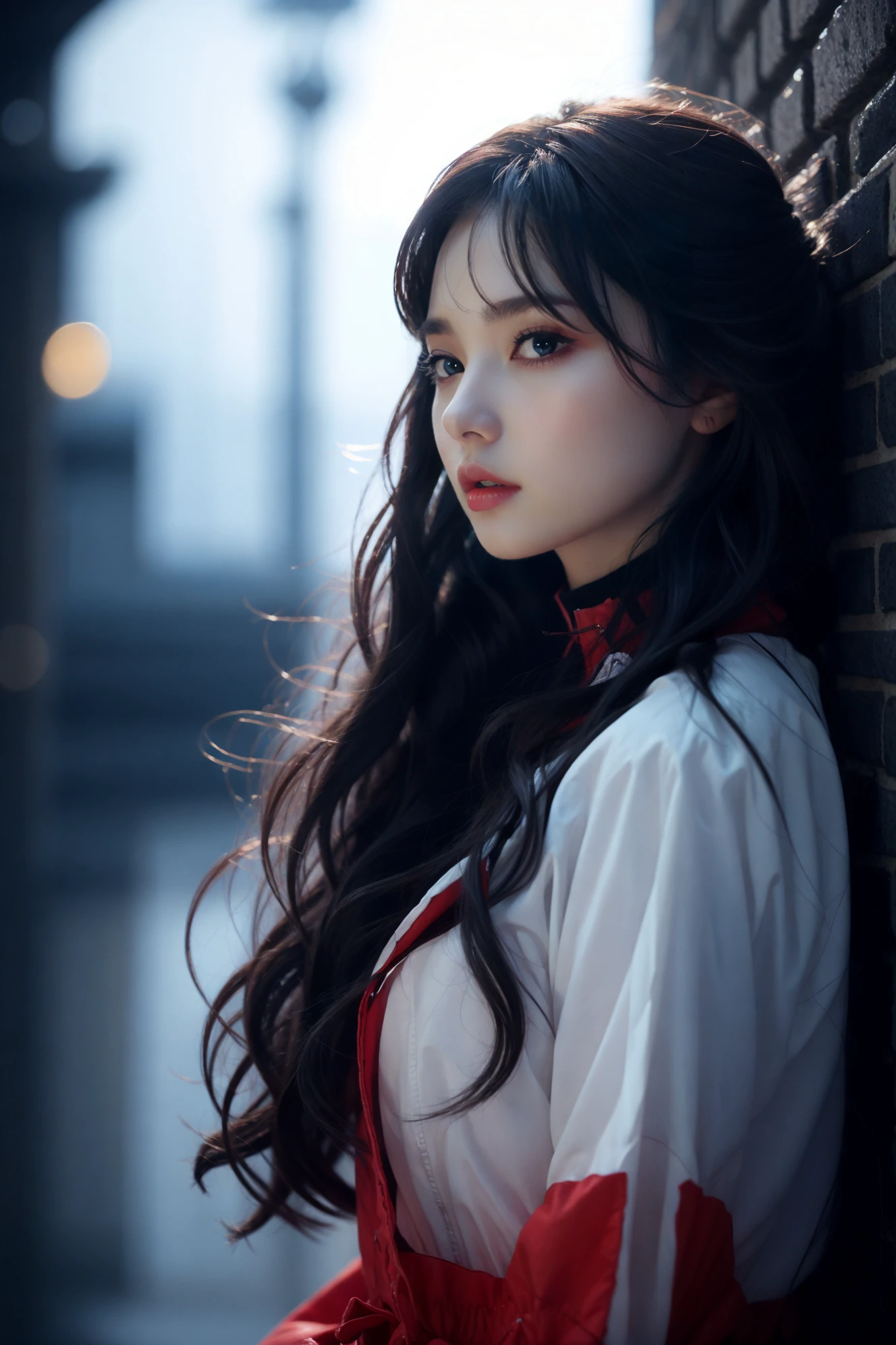 1girl,shaded face,upper body,,punk,black shirt,choker,tattoo,bangs,in the dark,under the eaves,rain,rainy day,plaid skirt,multicolored hair,thigh boots,black lips,hypnoLora,empty eyes,against wall,dark theme,night,lamppost,wind,floating hair,from side,looking back, prettyBlue eyes<lora:~Q?-m@8 pretty:0.8>