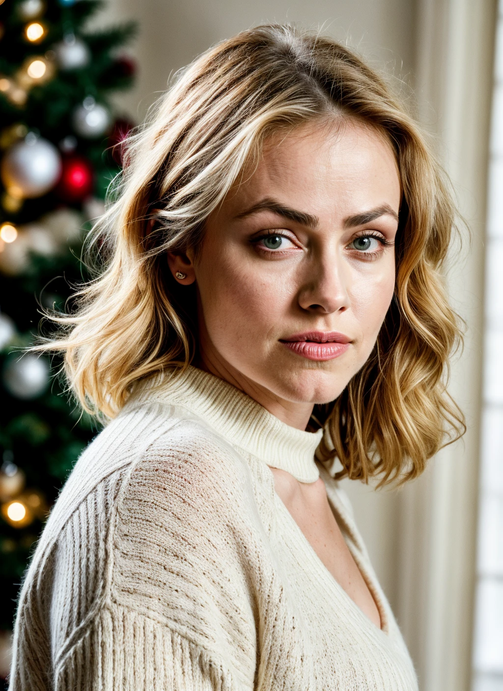 RAW photo of 20 years old amandaschull-ti, natural lighting, 8k uhd, dslr, high quality, film grain, Fujifilm XT3, <lora:add_detail:0.7>, by Peter Lindbergh, christmas theme, young, sweater