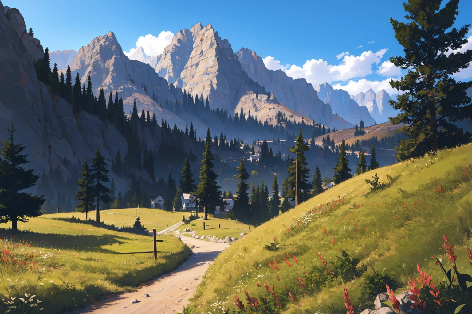 farcry5,mountains,cliffs,forest,trees,pine trees,stones,rocks,bushes,grass,scenery,nature,sky background,clouds in the sky,haze in the background,wide angle,hills,boulders,midday,landscape,path,trail,Extreme long shot,Medium wide shot,realistic shaded lighting,photorealism,sunny day,<lora:tyuty5756:0.7>, by oprisco,