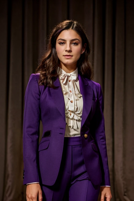masterpiece, best quality, detailed face <lora:Monica1873Barbaro:1> a woman, 1girl, solo, m1873b, wearing Plum Purple business suit in Circus
