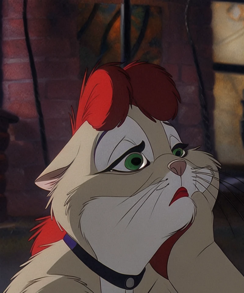 photo, photorealistic, miss kitty, red hair, domestic cat, green eyes, lipstick, looking away, arm support, chin rest, sad, <lora:MissKitty1.0Fluffusion:1>