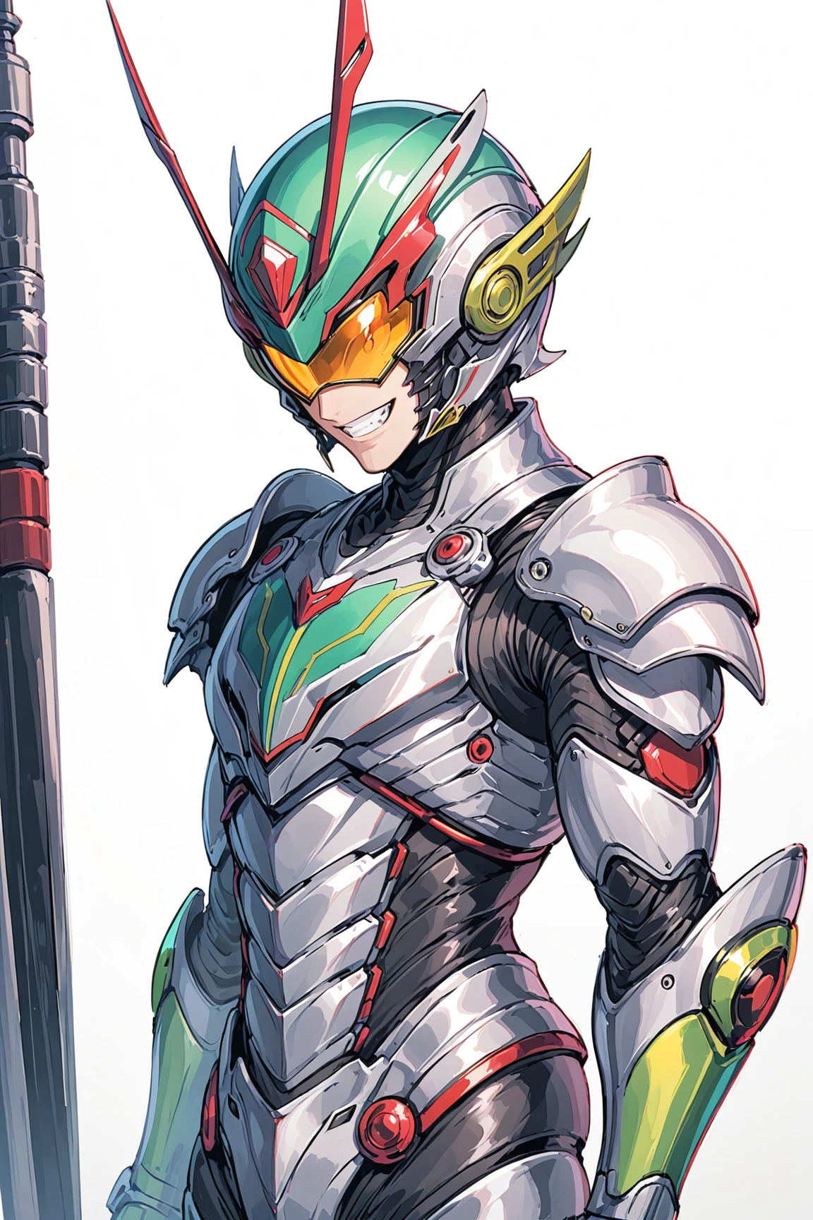 ultra-detailed,(best quality),((masterpiece)),(highres),original,extremely detailed 8K wallpaper,(an extremely delicate and beautiful),
anime,
\\,
BREAK
suwabe,1boy,solo,male focus,full body,armor,white background,helmet,simple background,cropped torso,antennae,teeth,sketch,kamen rider,
<lora:suwabe_xl-v3:0.3>,