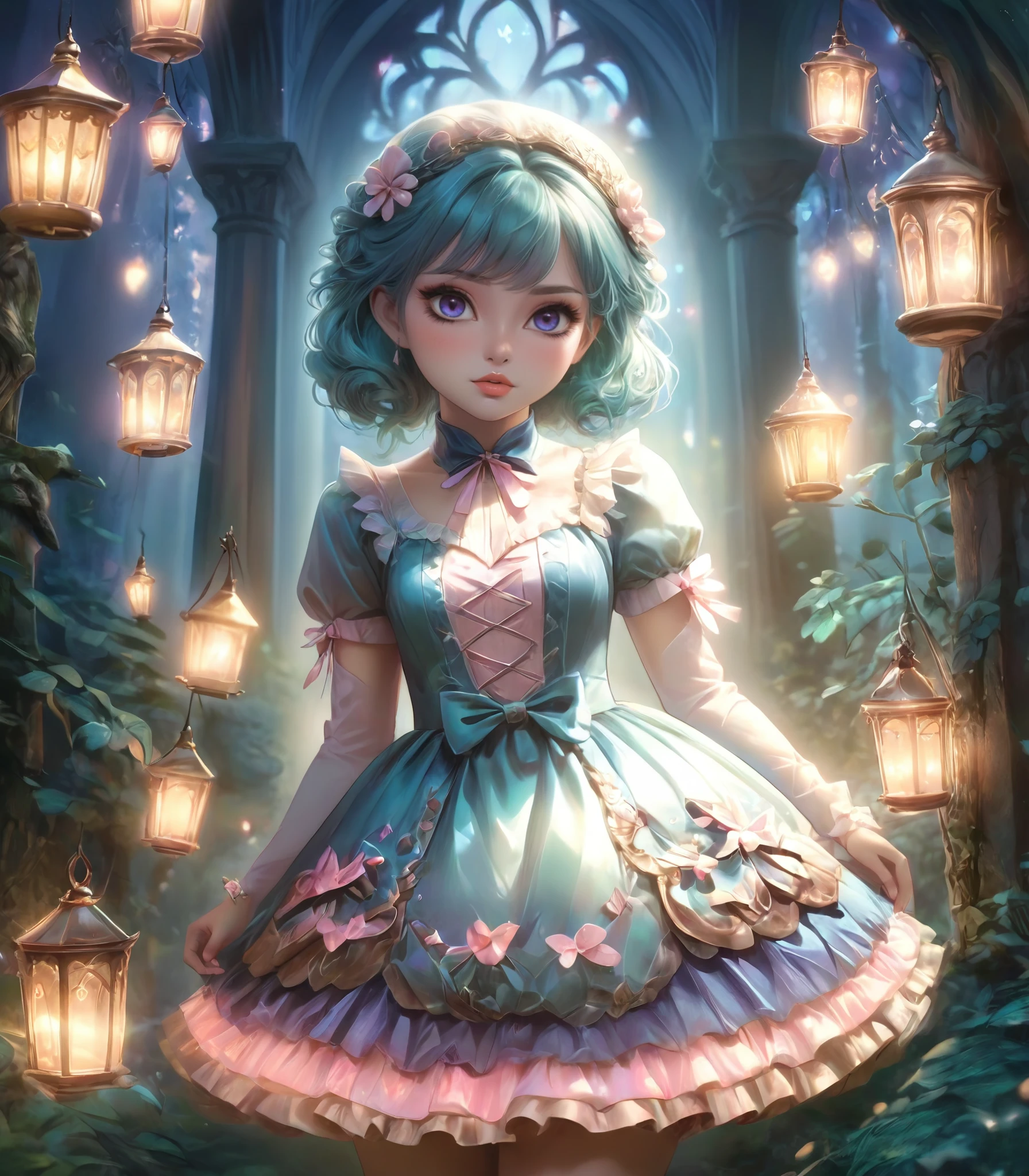 a beautiful 20 year old black woman with big messy hair, Afro, in a blue dress, white stockings, black headband, cleavage, holding a glowing mushroom, fantasy art style, rossdraws cartoon vibrant, alice x. zhang, alice in wonderland cyberpunk, cute detailed digital art, colorfull digital fantasy art, digital fantasy art ), glossy digital painting, rossdraws pastel vibrant, rossdraws 2. 5, rossdraws 1. 0