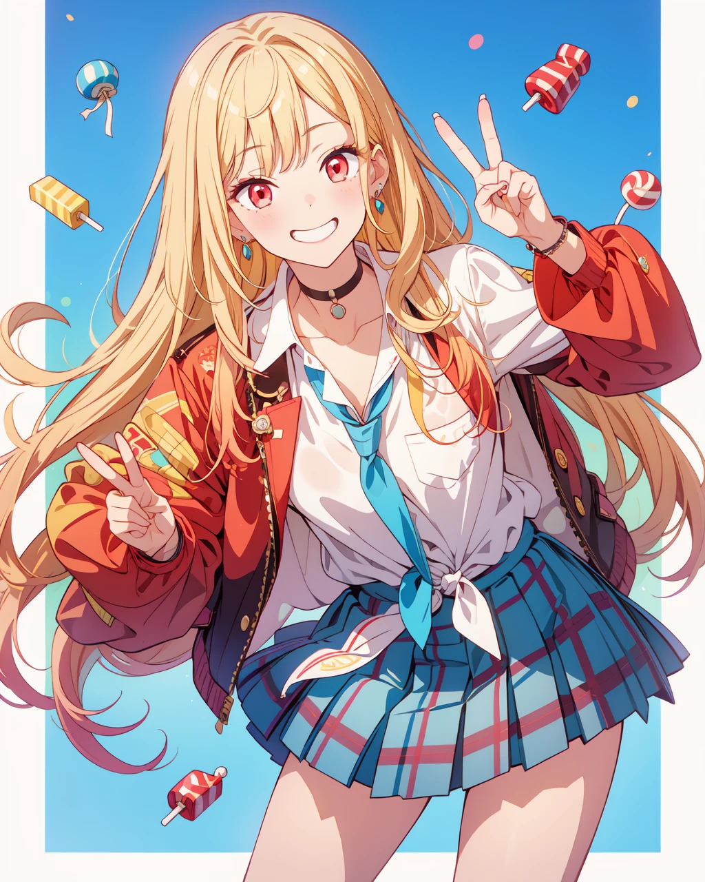 scepter, lots of candy, gumdrops, candycanes, masterpiece, best quality, highres, kitagawa marin, 1girl, blonde hair, long hair, multicolored hair, red eyes, jewelry, earrings, piercing, school uniform, white shirt, tied shirt, black choker, blue necktie, plaid skirt, <lora:kitagawa_marin_v1-1:0.7>, leaning forward, grin, peace sign