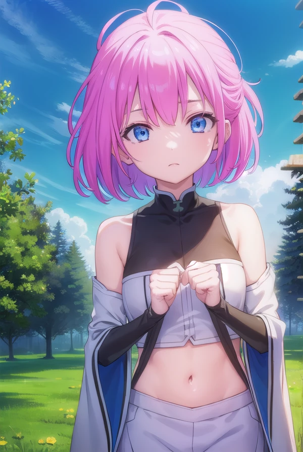 sillplain, <lora:sill plain-lora-nochekaiser:1>,
sill plain, short hair, blue eyes, pink hair,
BREAK navel, bare shoulders, detached sleeves, midriff, wide sleeves,
BREAK outdoors, forest, nature, sun, sky, clouds,
BREAK looking at viewer, (cowboy shot:1.5),
BREAK <lyco:GoodHands-beta2:1>, (masterpiece:1.2), best quality, high resolution, unity 8k wallpaper, (illustration:0.8), (beautiful detailed eyes:1.6), extremely detailed face, perfect lighting, extremely detailed CG, (perfect hands, perfect anatomy),